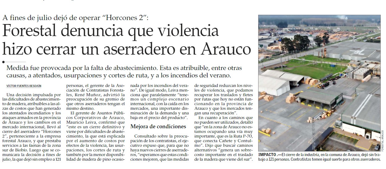 Forestal denuncia que violencia hizo cerrar un aserradero en Arauco
