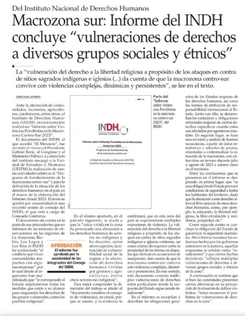 Southern Macrozone: INDH report concludes "violations of rights against various social and ethnic groups"