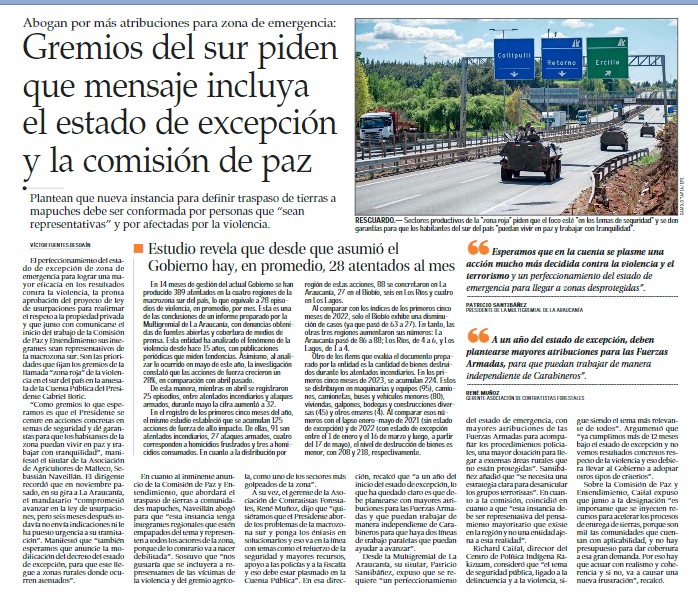 Gremios del sur piden que mensaje incluya el estado de excepción y la comisión de paz