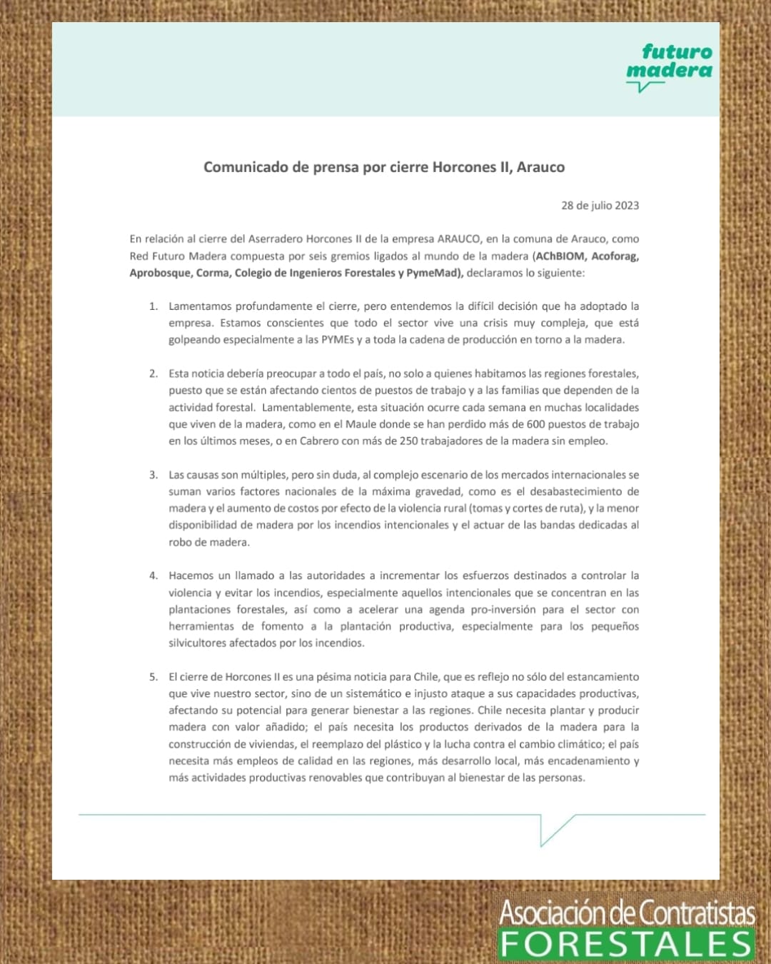 Red Futuro Madera Guilds Regret the Closure of Arauco's Horcones 2
