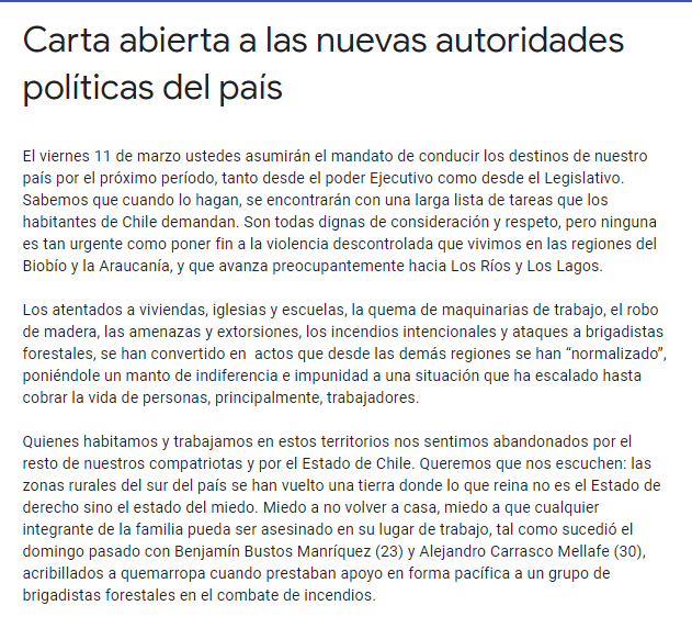 Carta a las nuevas autoridades del país