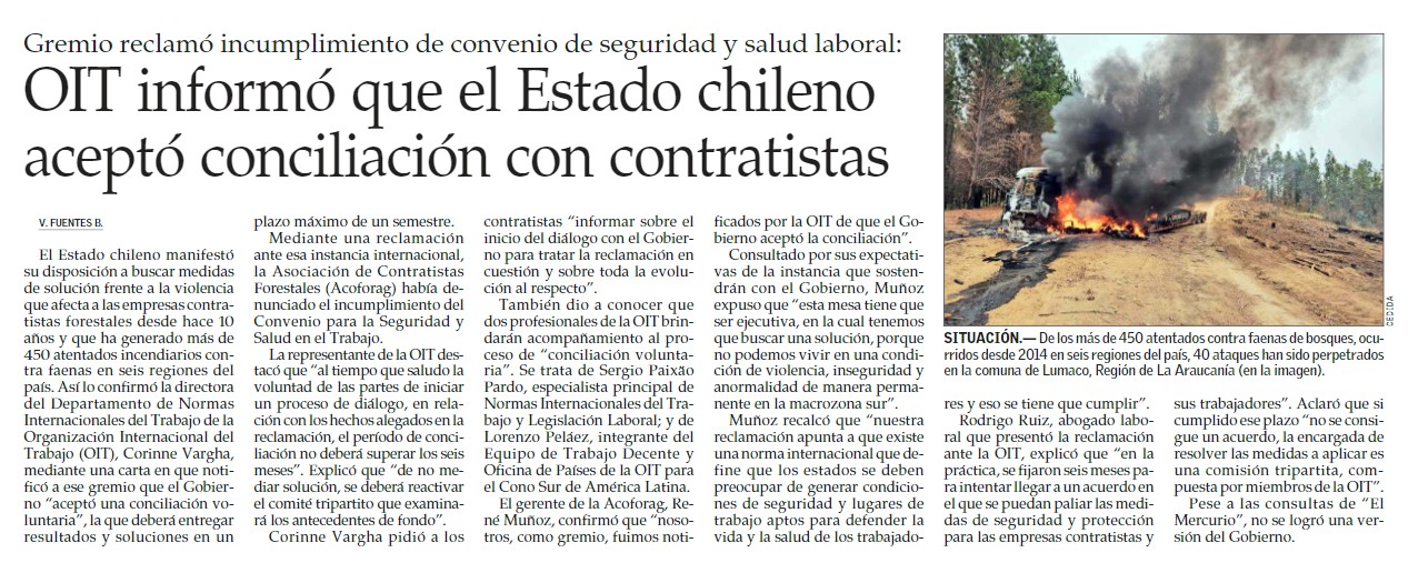 OIT informó que el Estado chileno aceptó conciliación con contratistas