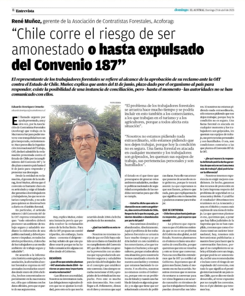 René Muñoz Klock, gerente de la Asociación de Contratistas Forestales, Acoforag: "Chile corre el riesgo de ser amonestado o hasta expulsado del Convenio 187 "